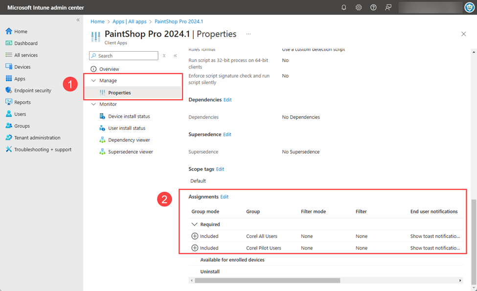 All assignments for each of the Update Rings created and applied to this version.