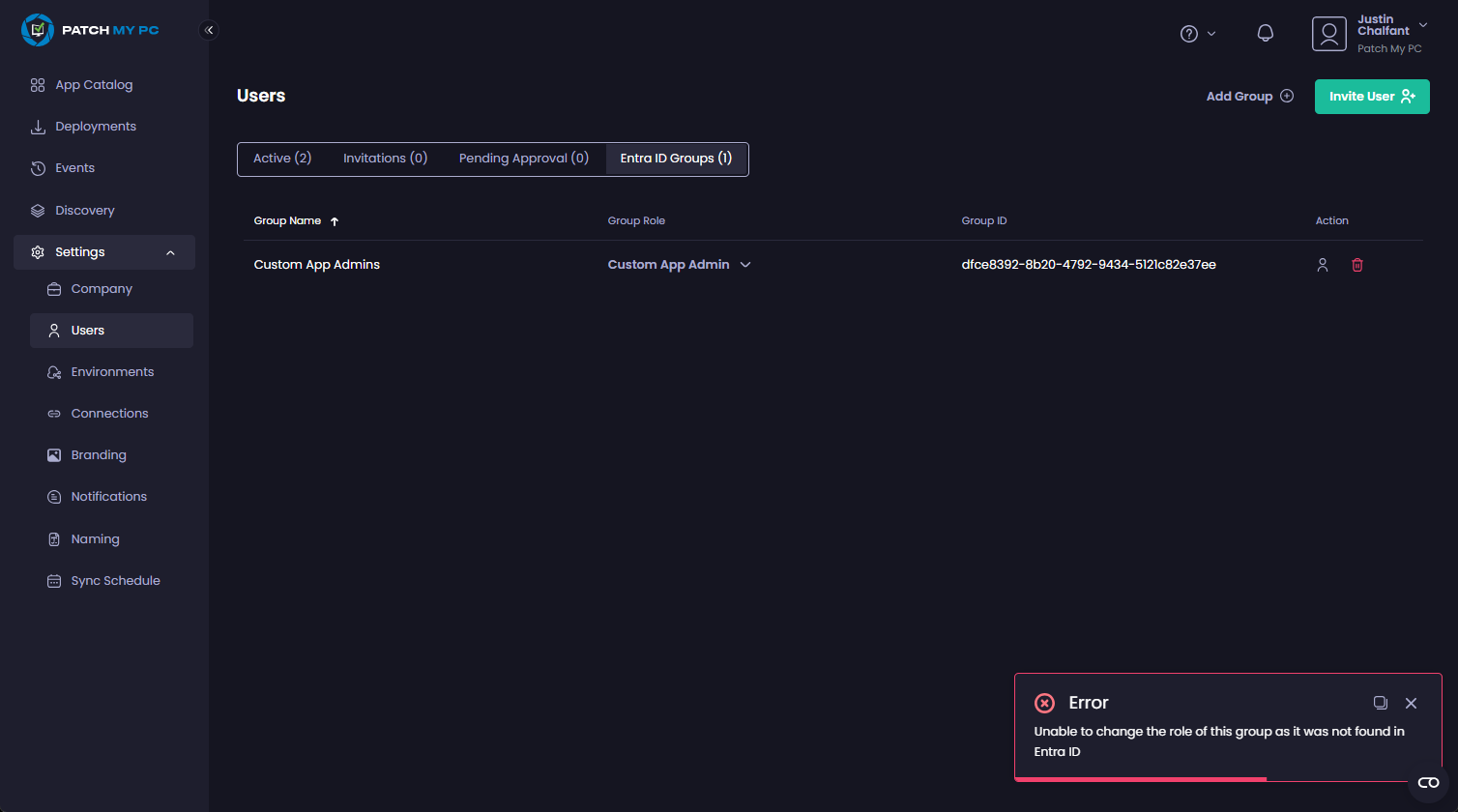 "Unable to change the role of this group as it was not found in Entra ID" error