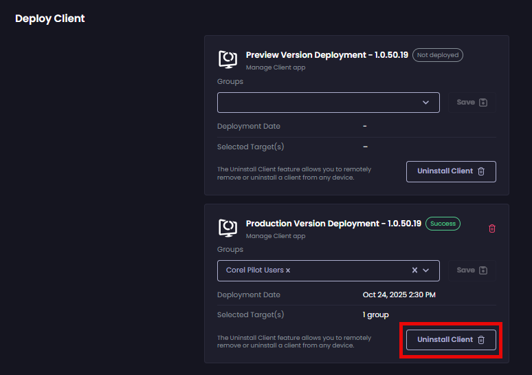 Clicking the relevant 'Uninstall Client' button