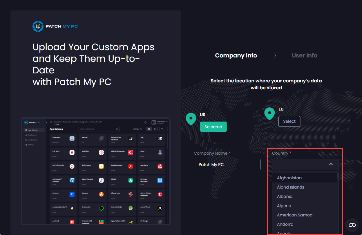 Select your company’s country from the dropdown 