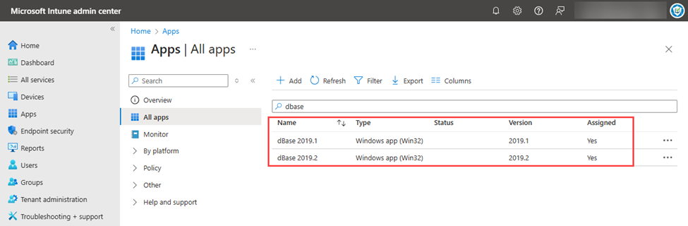 Intune admin center shows both the existing app (version 2019.1) and the new version we have just deployed (version 2019.2).