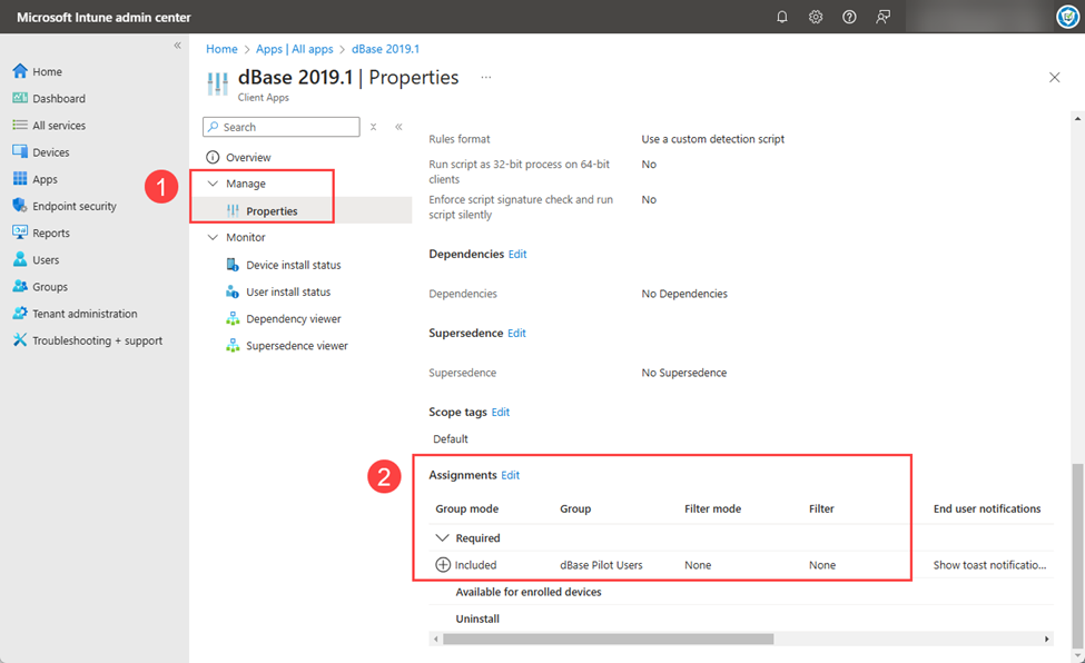 Only the assignment for the first update rings has been created and applied to this version.