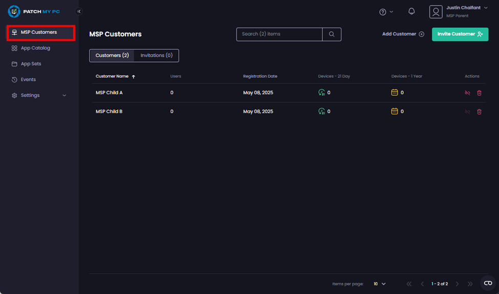 Navigating to 'MSP Customers'
