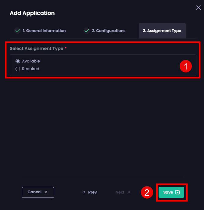Selecting the assignment type for this app and clicking “Save”