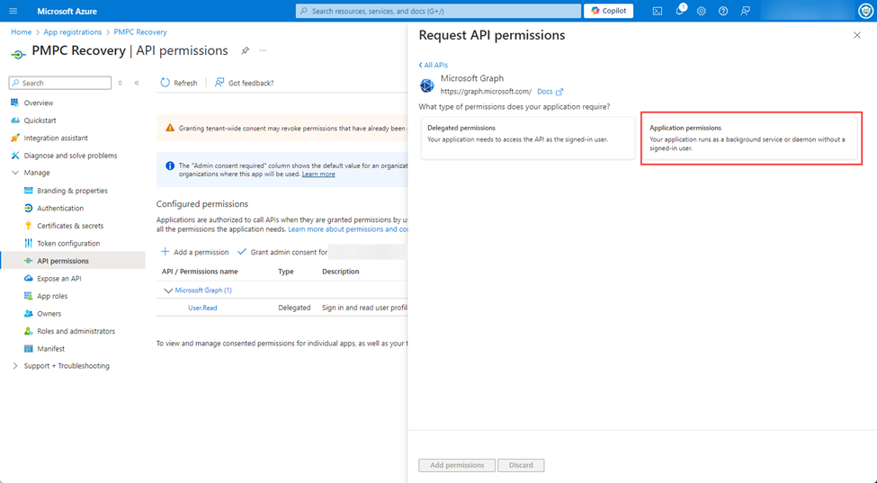 Clicking “Application permissions”