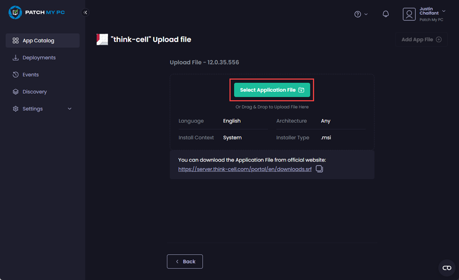 Clicking “Select Application File”