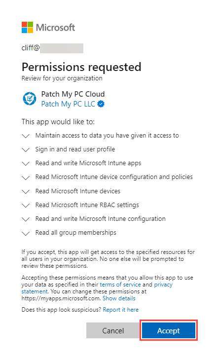 “Permissions requested” screen