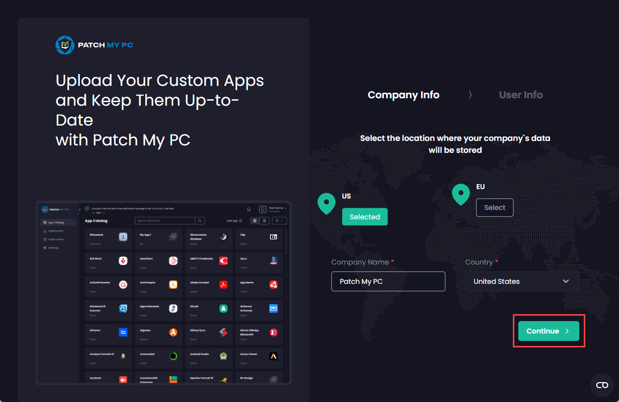 Clicking 'Continue' on the 'Company Info' screen
