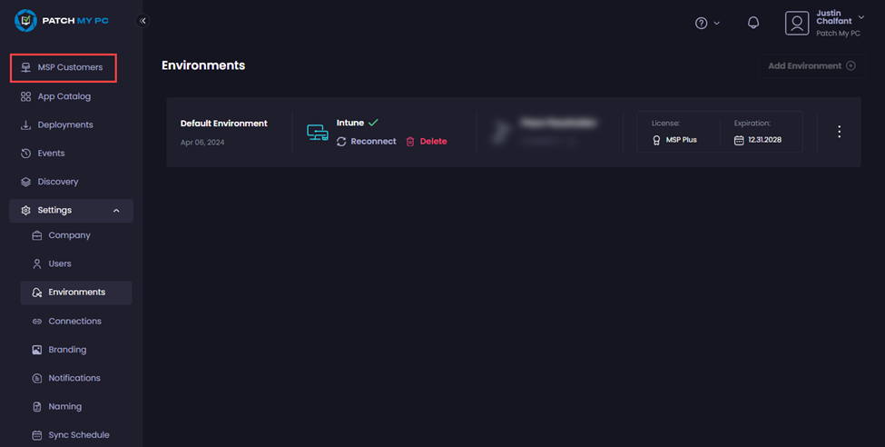 Portal refreshes and the “MSP Customers” node appears at the top of the portal