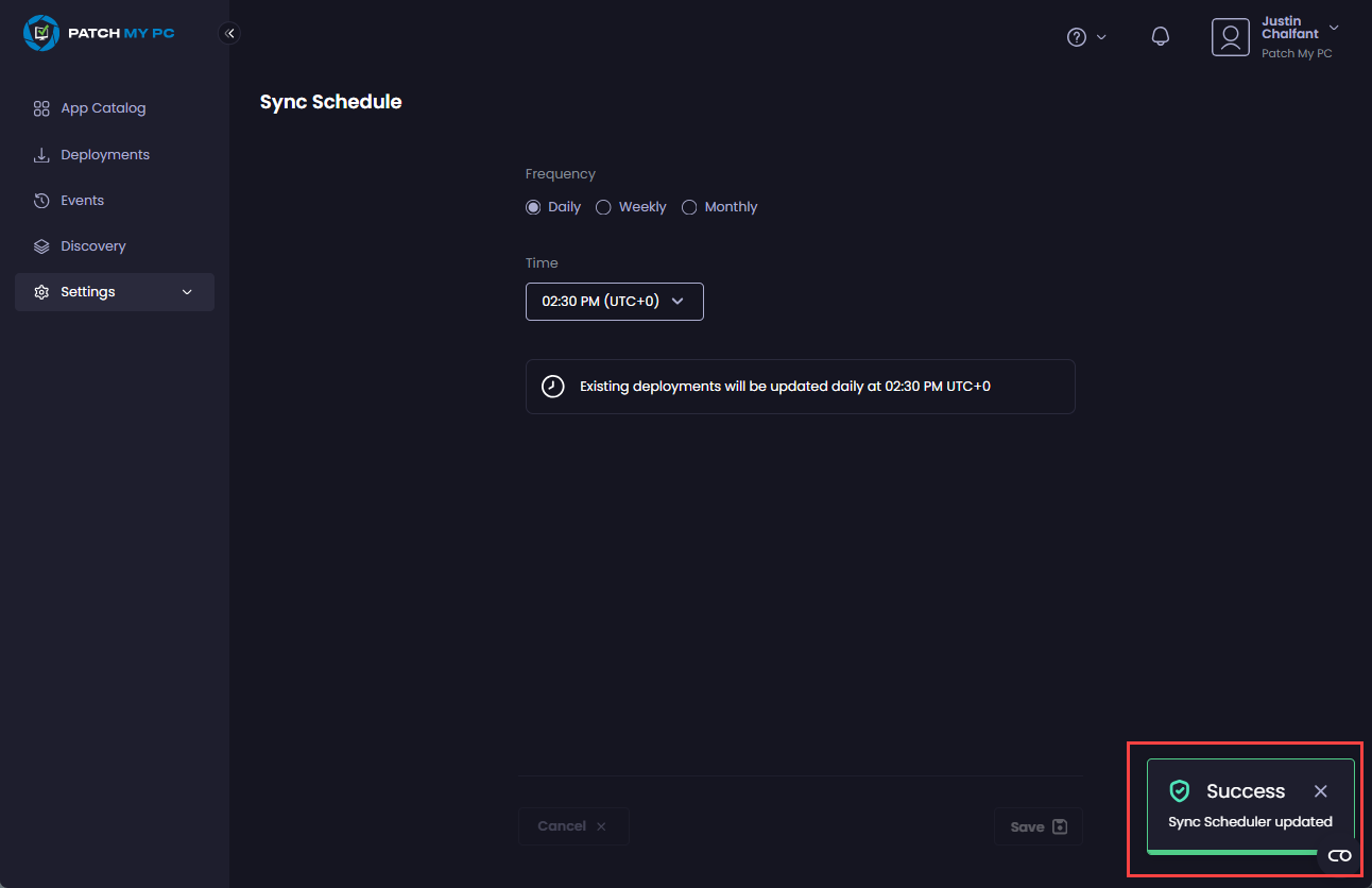 “Success – Sync Scheduler saved” notification