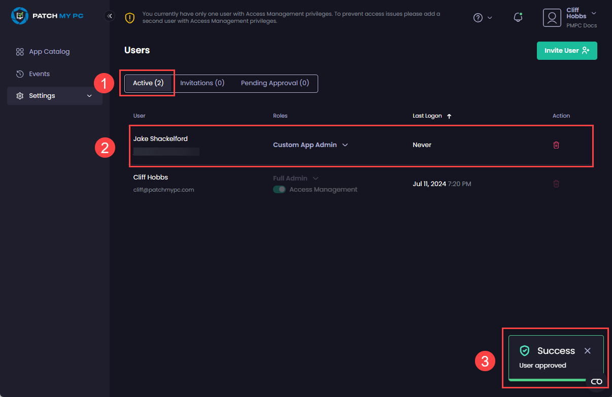 Portal auto-refreshing, switching to the "Active" tab and showing to show the user has been added, plus the "User approved" notification is shown.