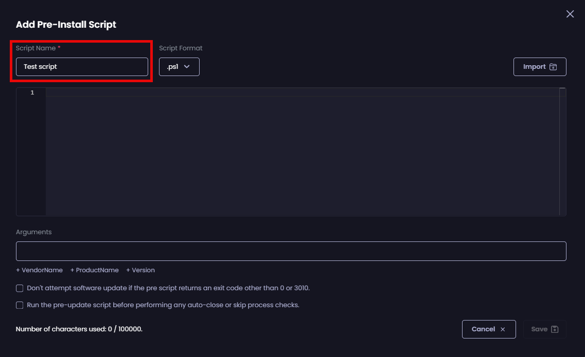 Entering a unique name for the script in the “Script Name” field