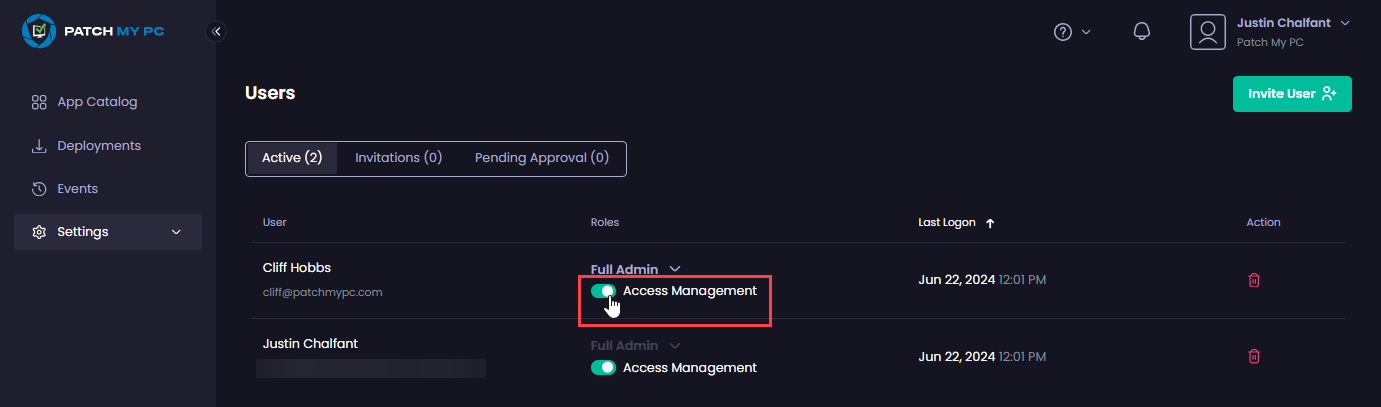Using the slider to grant “Access Management” privileges