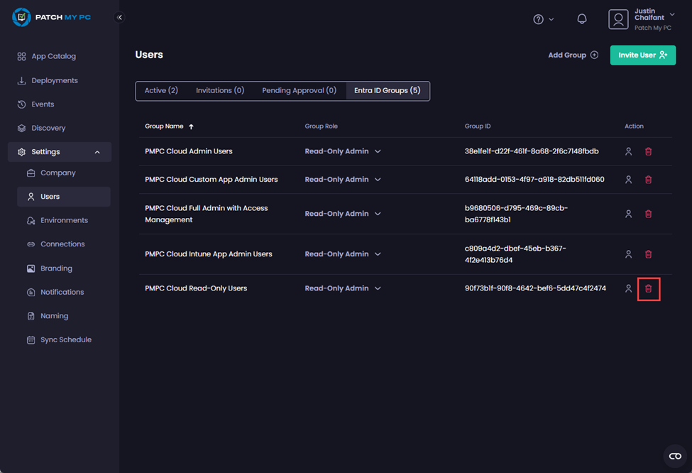Clicking the trashcan beside the relevant Entra group you want to delete