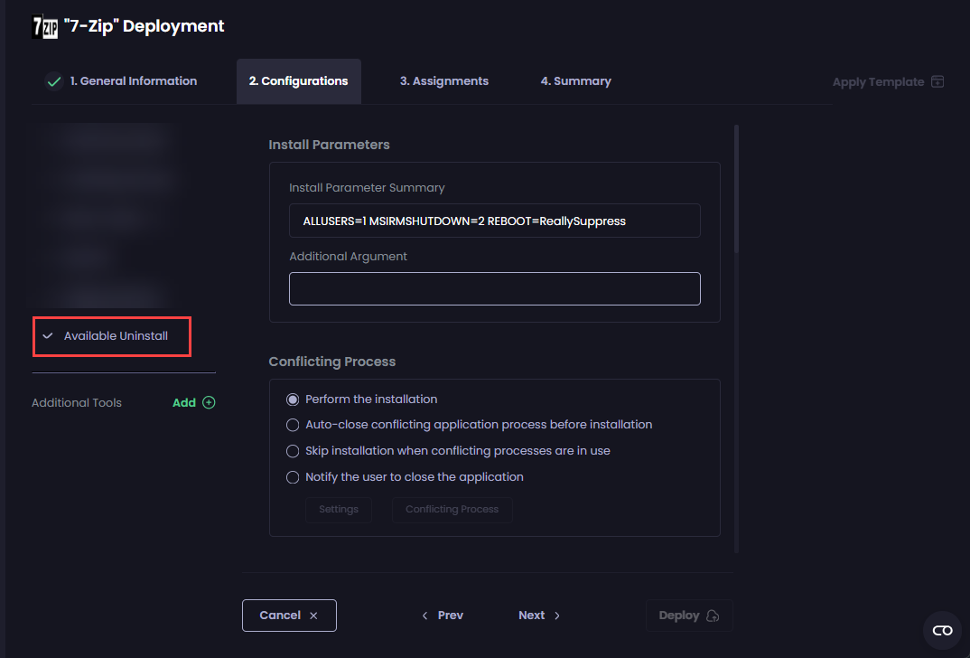 Clicking the 'Available Uninstall' tool