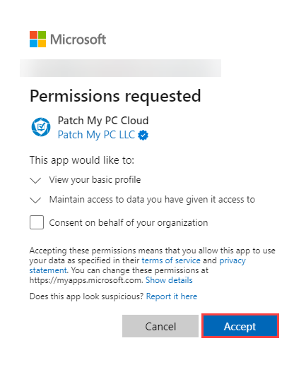 'Permissions requested' dialog box