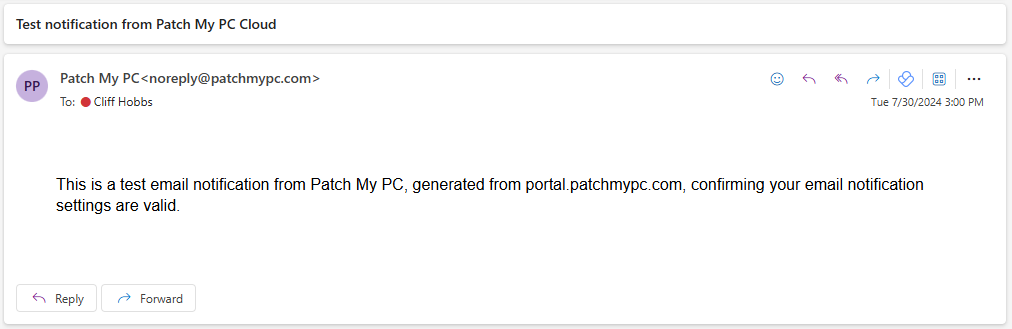 Test email showing email notifications are working