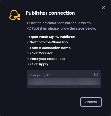 'Publisher connection' screen
