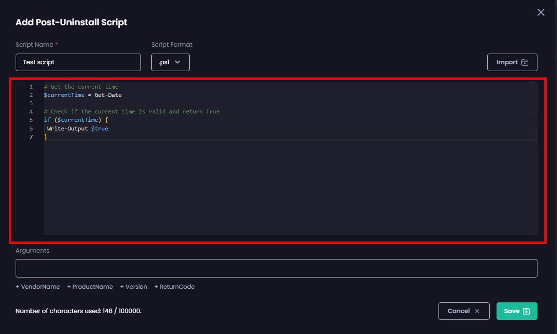 “Add Post-Uninstall Script” page is populated with the imported script.