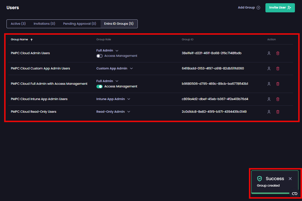 Portal auto-refreshes, showing the selected groups have been added and the 'Success – Group created' notification is shown