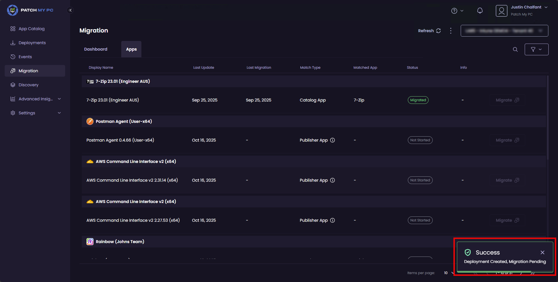Application migration status