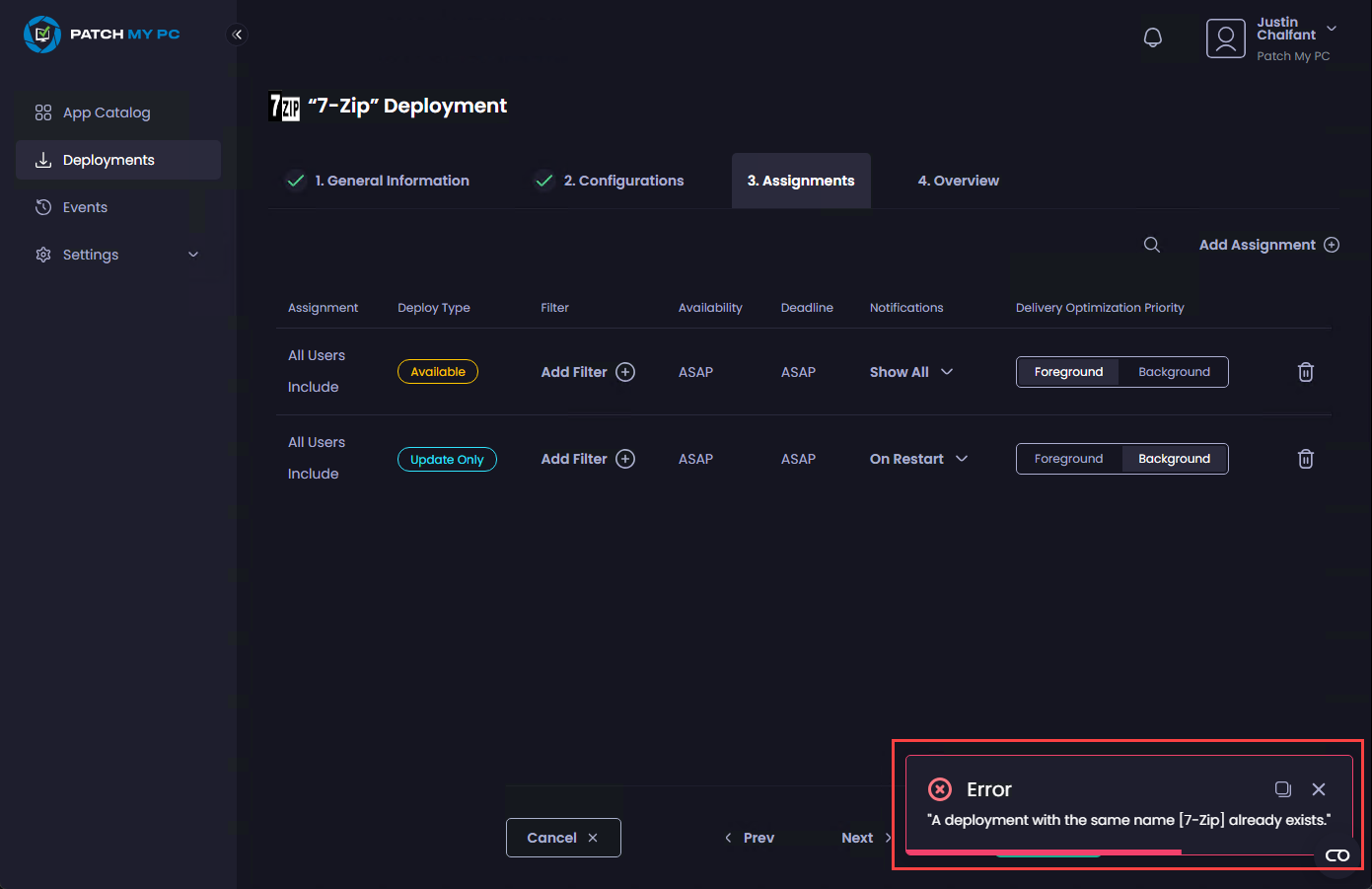 “Error - A deployment with the same name <deployment_name> already exists.