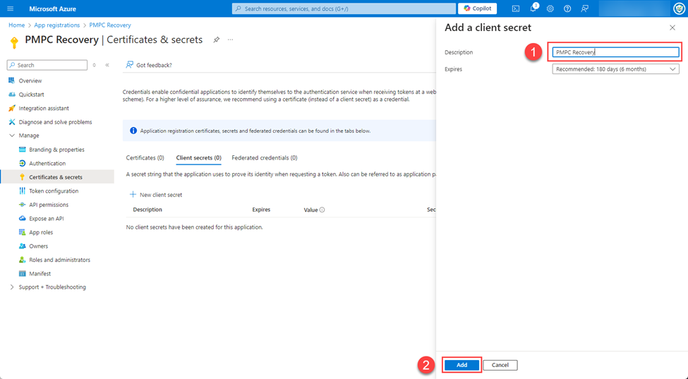 Typing 'PMPC Recovery' in the 'Description' field, then clicking 'Add'