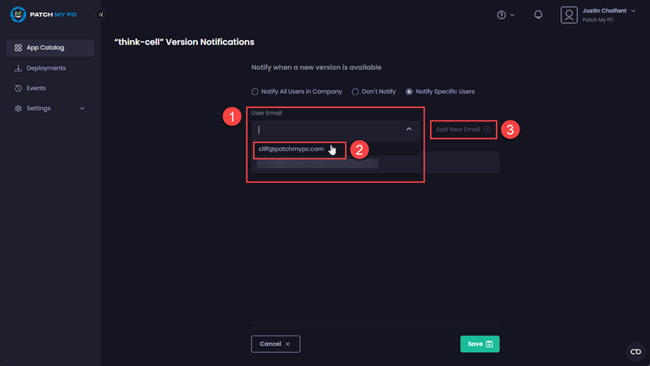 Selecting the relevant email address from the “User Email” dropdown, then clicking “Add New Email”
