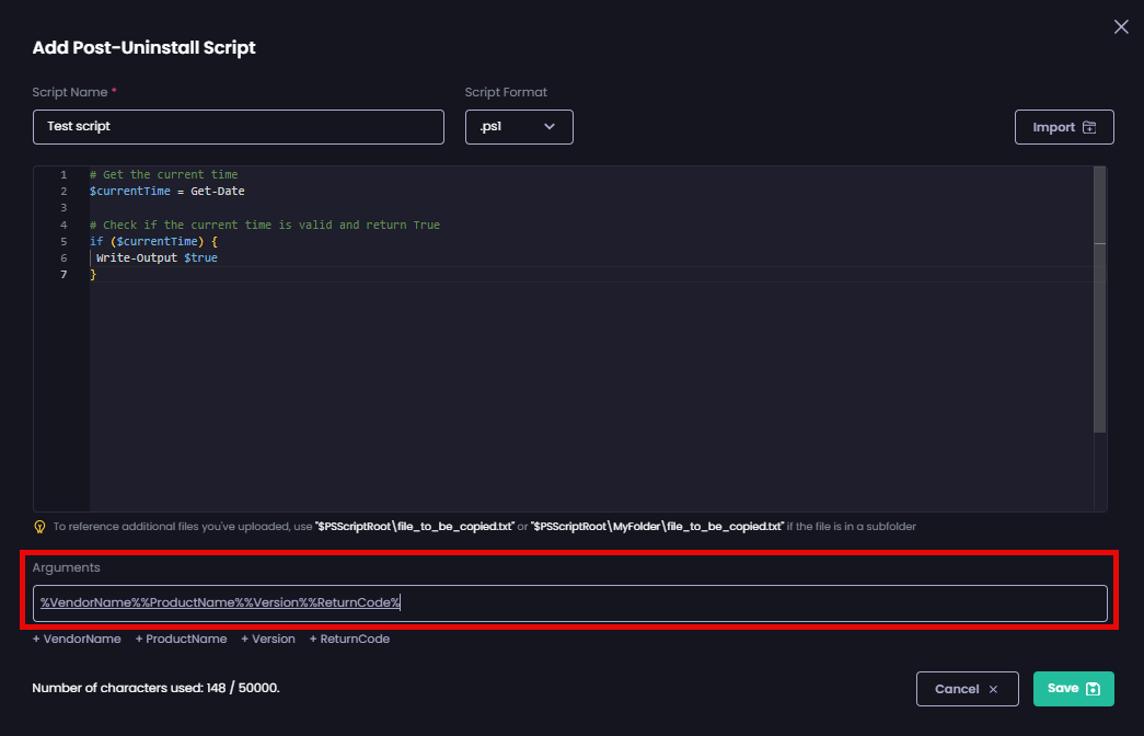 Entering any arguments you want to provide to the script by specifying them in the 'Arguments' field