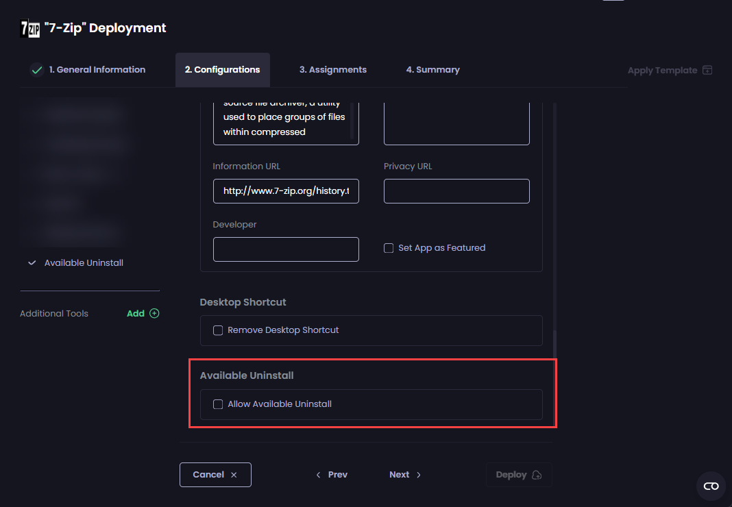 'Available Uninstall' settings