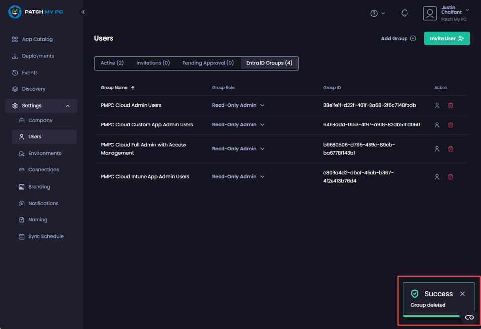 Portal auto-refreshing to show the group has been removed and the “Success – Group deleted” notification is shown