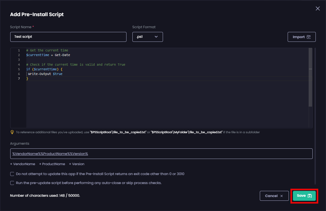 Clicking 'Save' to save your script.