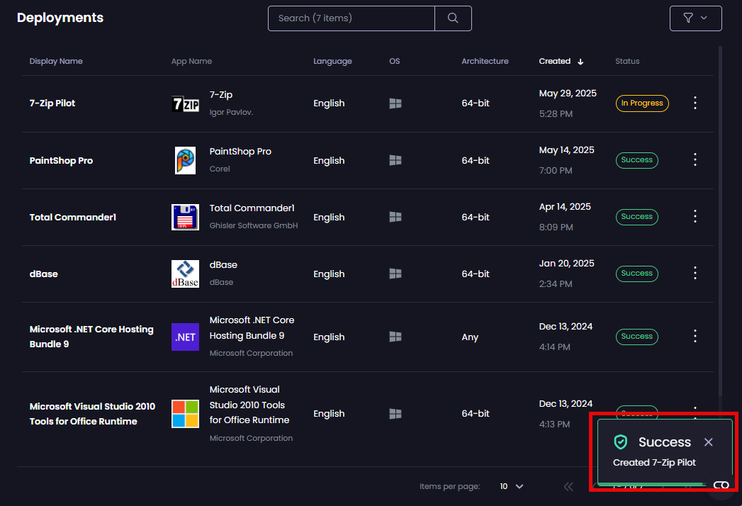 "Deployments" page displayed with the "Success - Created <deployment_name>" notification.