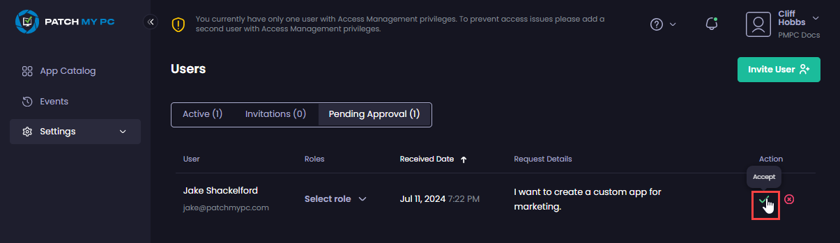 Clicking the green tick in the “Action” column