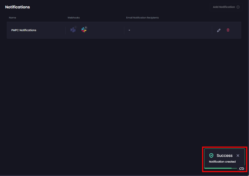 'Success' notification