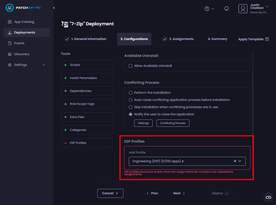 “ESP profiles should be empty when the assignments list contains only UpdateOnly assignments.” message