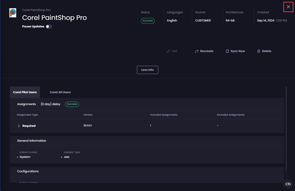 	Clicking the red X  in the top right-hand corner to close the “More Info” page and return to the “Deployments” node