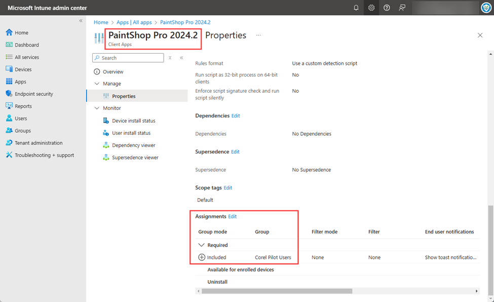 Assignments for the new deployment (version 2024.2) is only assigned for now to the Corel Pilot Users group