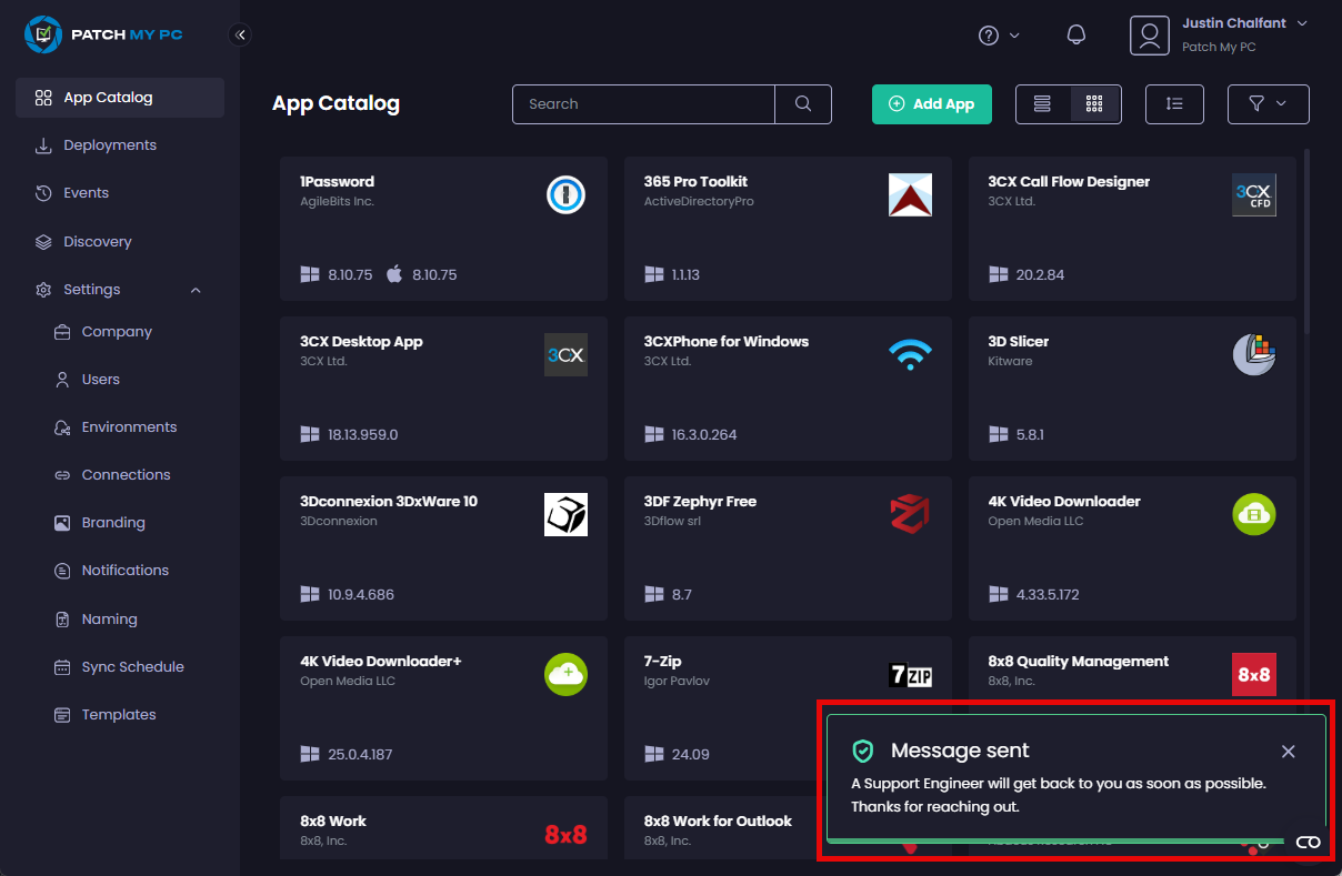 The "Message sent" notification is shown