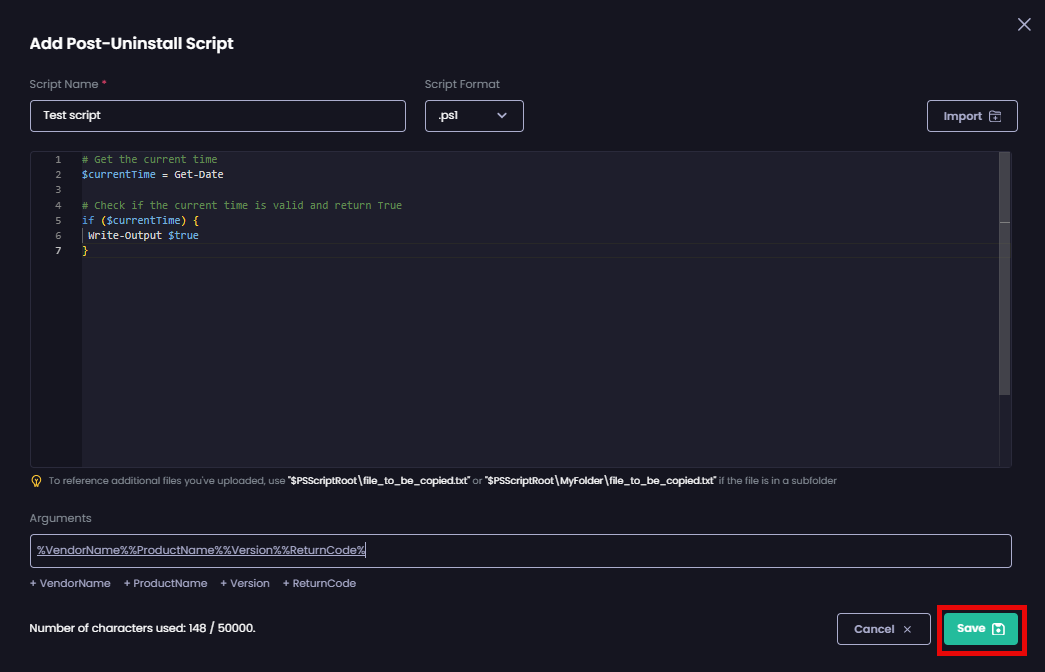 Clicking 'Save' to save your script