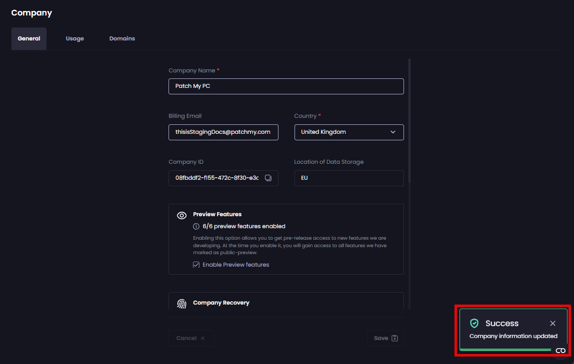 'Success - Company information updated' notification