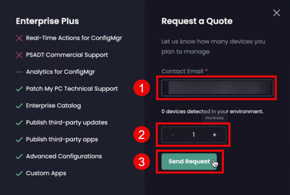 Adding your email address, selecting the number of devices you want a quote for and clicking ‘Send Request’