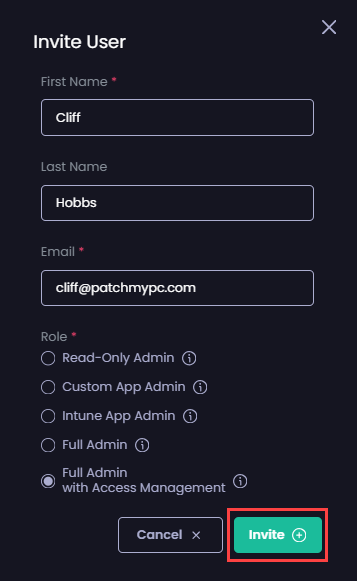 Clicking "Invite" to send the invitation