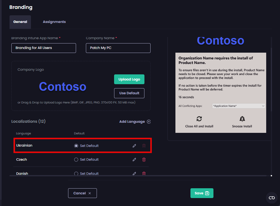 'Branding' screen redisplayed with the newly added localization shown at the top of the list allowing you to select it if required
