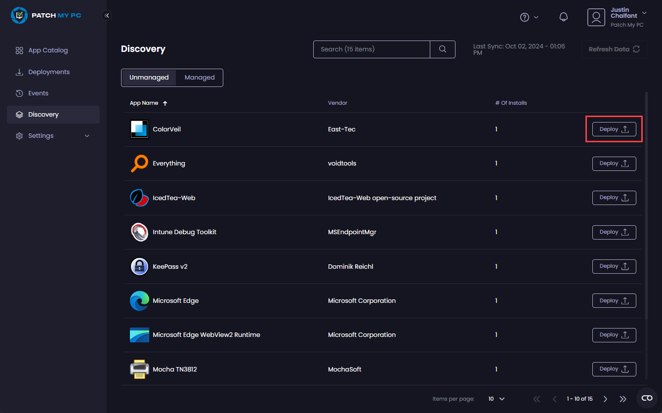 Clicking “Deploy” beside the relevant the app