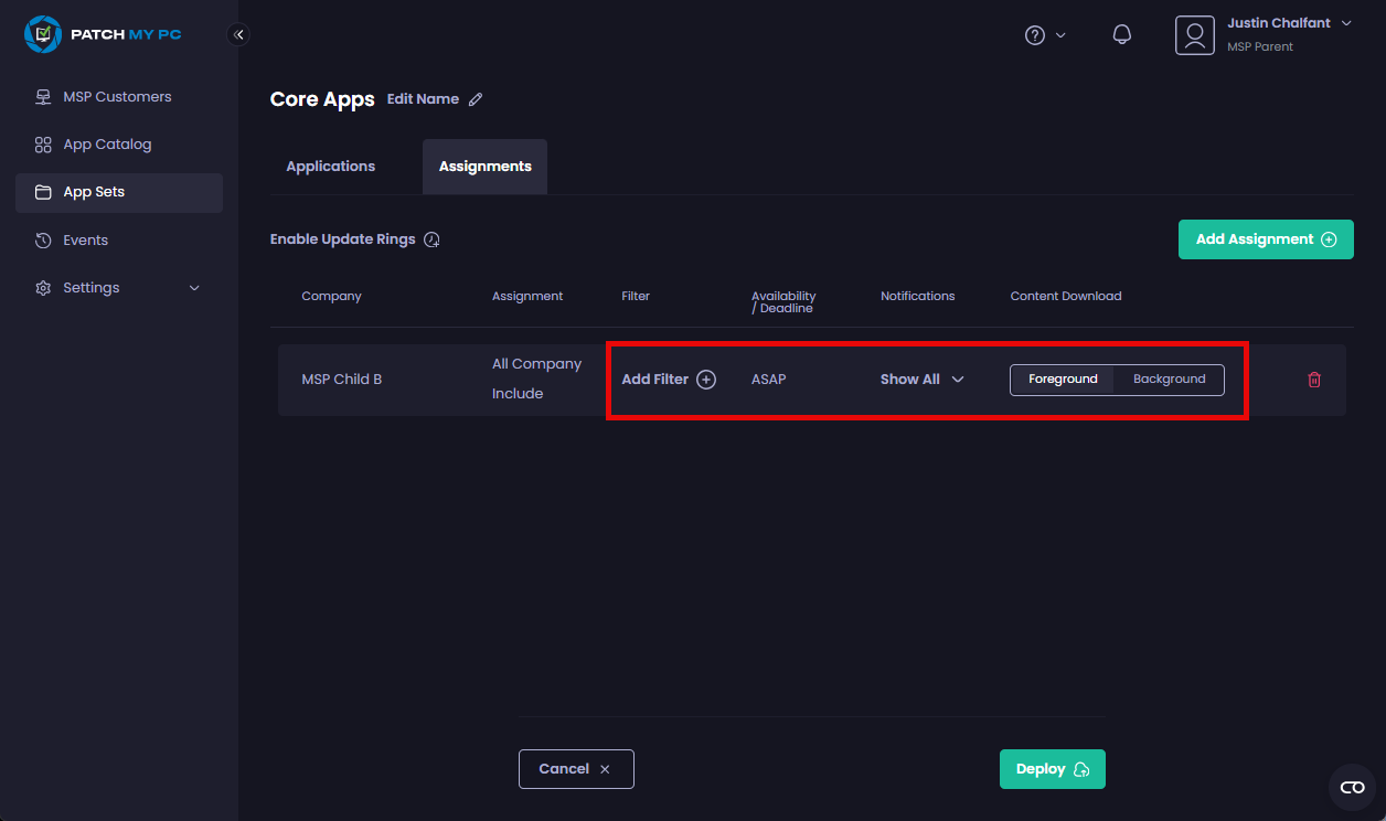 Configuring any required settings for the assignments