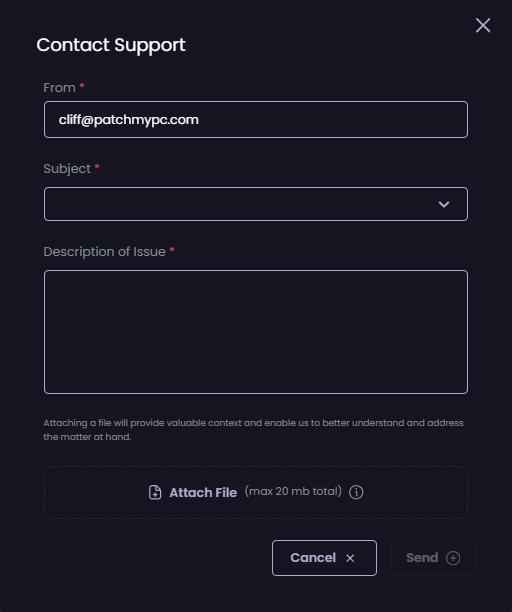 "Contact Support" dialog box