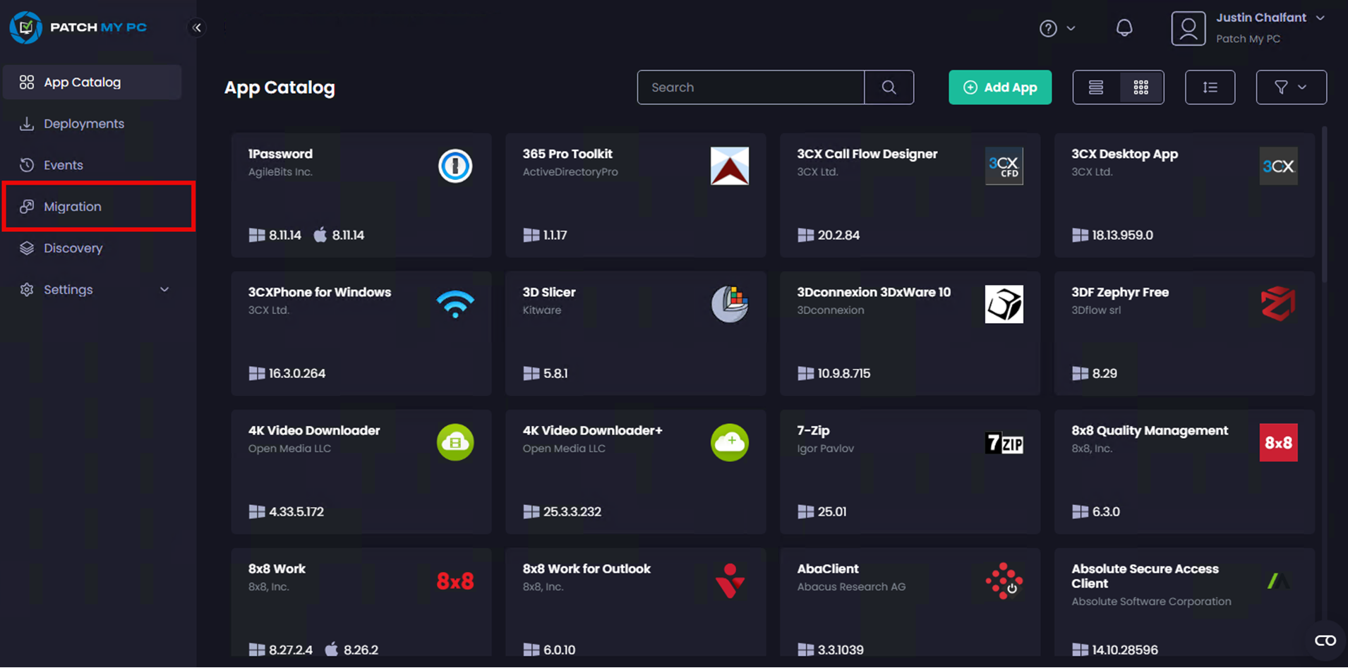Begin an application Migration from the Migration tab