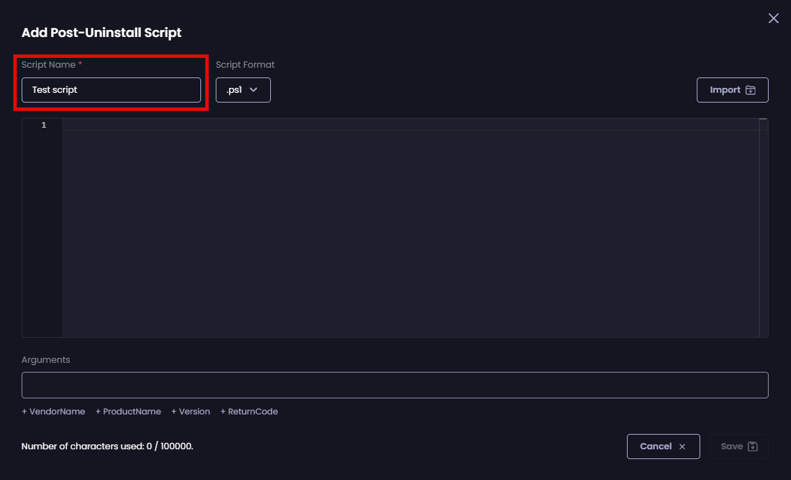 Entering a unique name for the script in the “Script Name” field