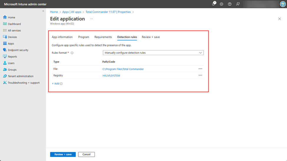 Any configured detection rules are displayed.
